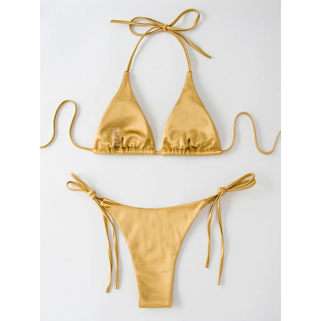 Luxurious Two-Piece Satin Halter Brazilian Padded Bikini Set for Women - Nylon and Spandex Swimwear with Wire Free Support, True to Size Fit, Low Waist - Available in Multiple Colors