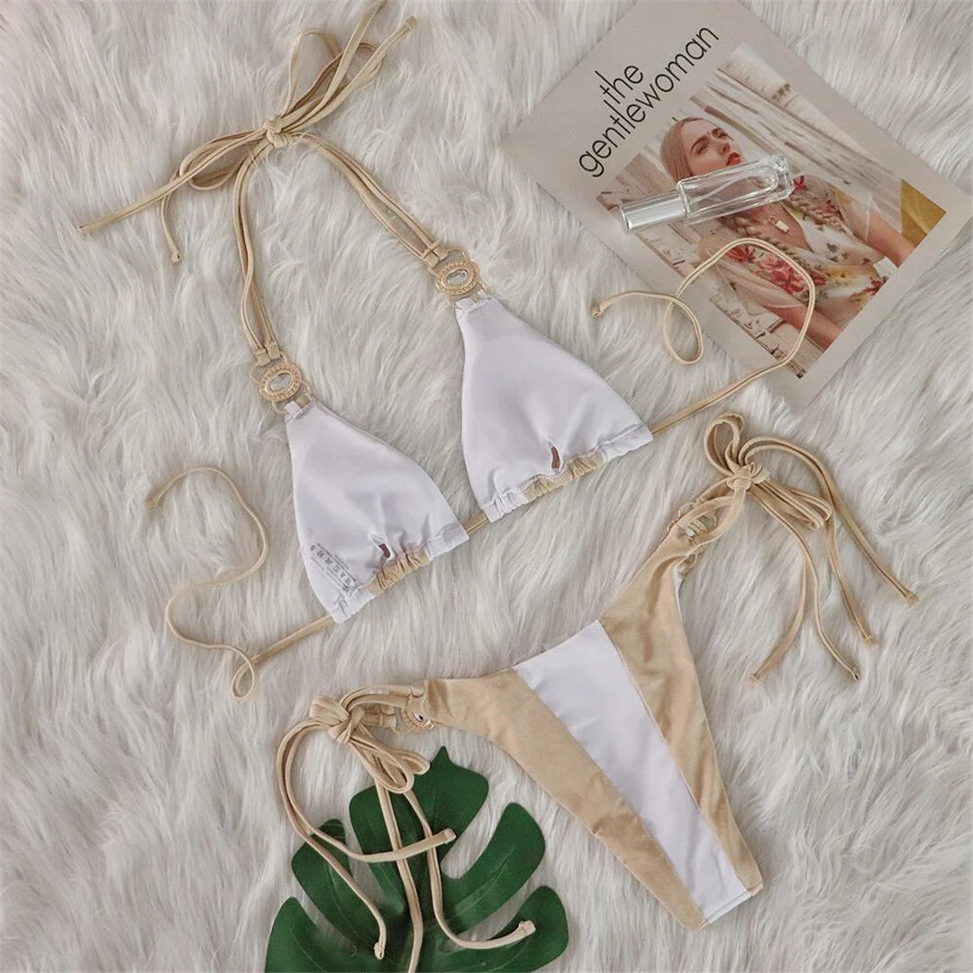 Glamorous Six-Color Splicing Bikini Set Adorned with Diamond Rhinestones, Crafted from Nylon and Spandex. Features Wire Free Support and Low Waist Design, Ensuring a Perfect Fit for Middle Aged Women. Comes in White Beige, Blue Pink, Orange Pink, Light Green Yellow, Pink Lake Blue, and Royal Blue Combinations. Fits True to Size and Comes with Padding for Extra Comfort. Brand New and in Stock.