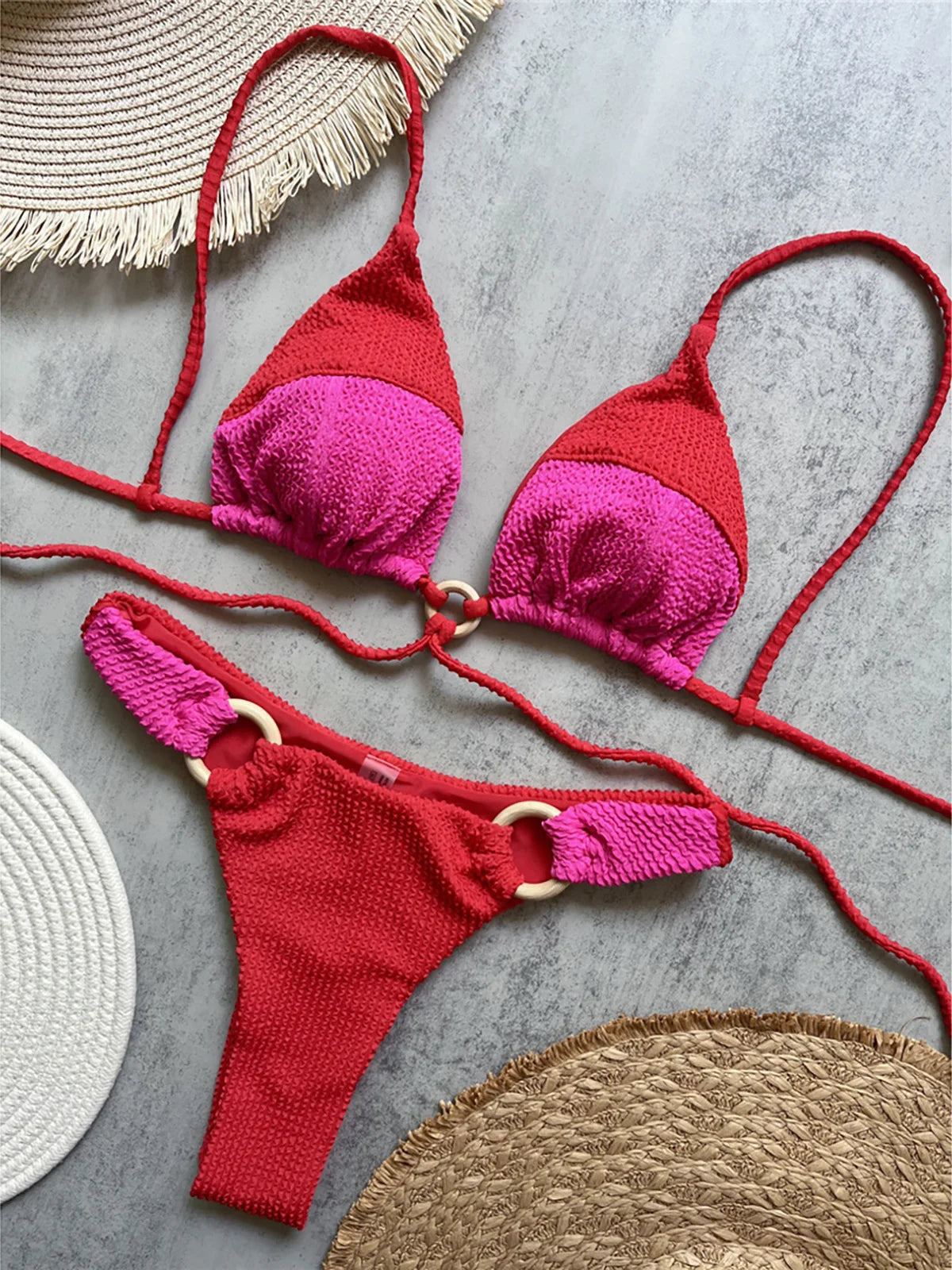 Crinkled Splicing Brazilian Bikini Set with stylish patchwork design, crinkled texture, low waist, wire-free, perfect for standout beach or poolside style.