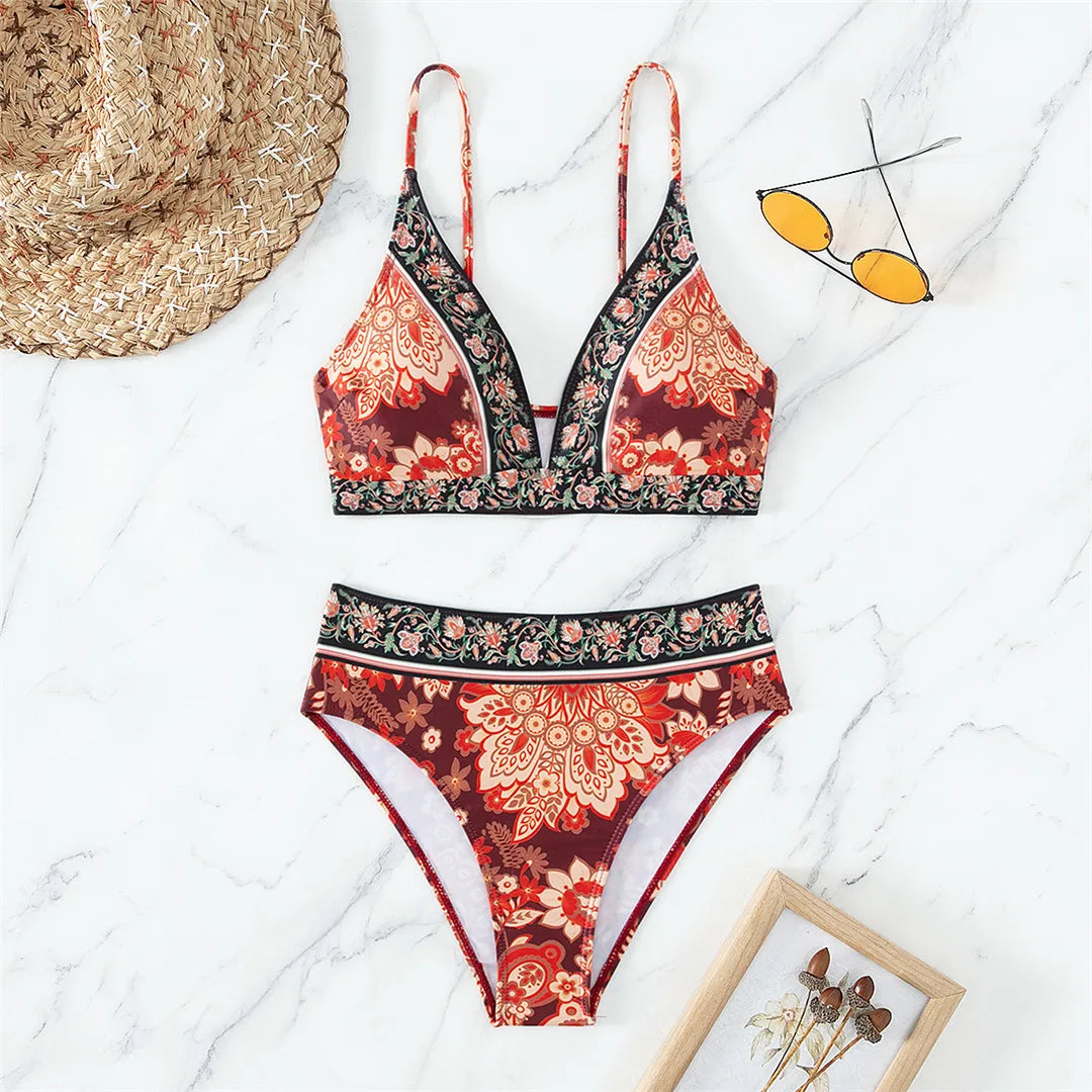 Women's Floral Printed High Waist Bikini Set in Floral Pattern. Made from Nylon and Spandex, Fits True to Size, with Wire Free Support. This Two-Piece Swimsuit is Ideal for Beach Days, Providing a Fresh and Feminine Style. Available in Sizes S, M, L.