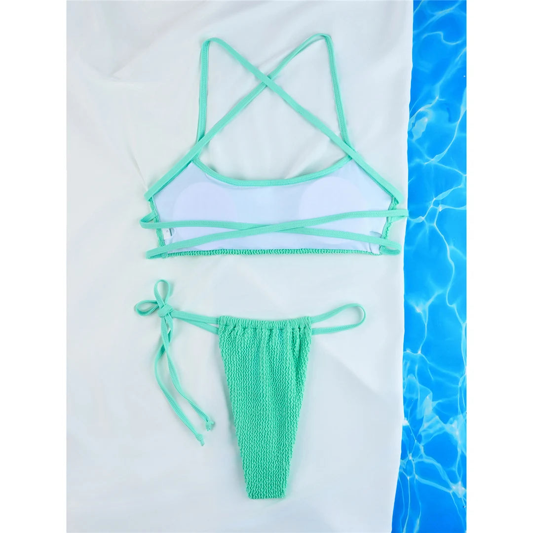 Bikini set with stylish crinkled texture, high cut, cross back, nylon, spandex, solid, wire free, low waist, women, two piece in black, blue, green, white, dark pink, multicolor.