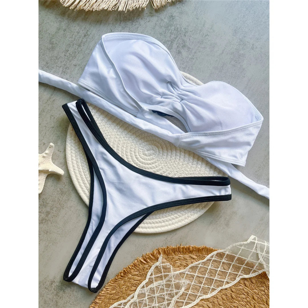 3D flowers bandeau bikini set with mini thong design and floral embellishments for a bold and stylish look.