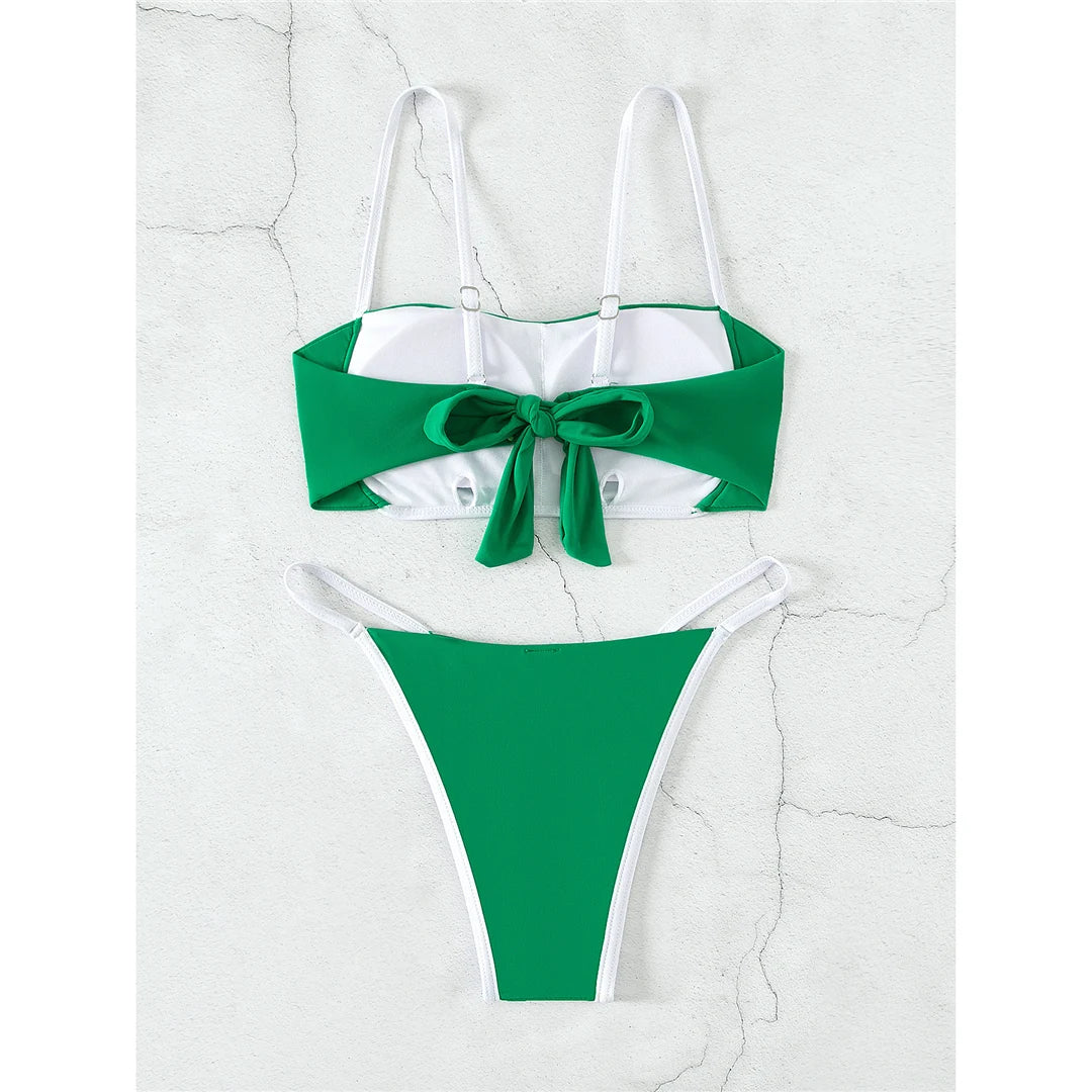 Beautifully Spliced Padded Bikini Set for Women with Chic Knotted Detail. Combines Comfort and Fashion for Stylish Pool Lounging. Comes with Wire Free Support, Low Waist design, and fits True to Size. Available in Black, Green, White, and Coffee.