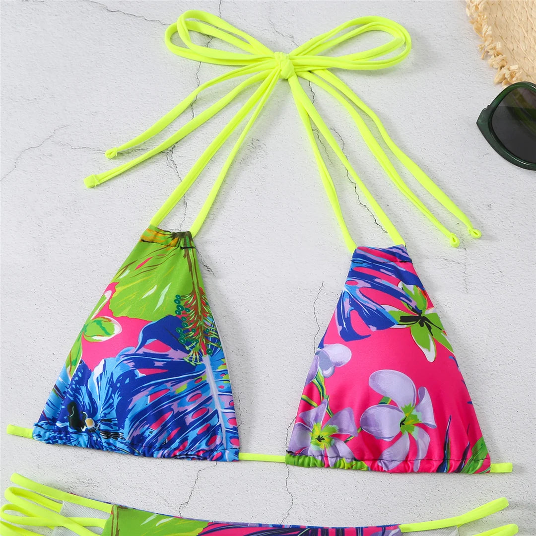 Halter Floral Strappy Bikini Set for Women, Vibrant Two-Piece Swimwear with Mid Waist Fit, Available in Purple Flower, Yellow Flower, Pink Flower, and Hot Pink Flower, Stylish and Refreshing Design for Sun-Drenched Beach Retreats