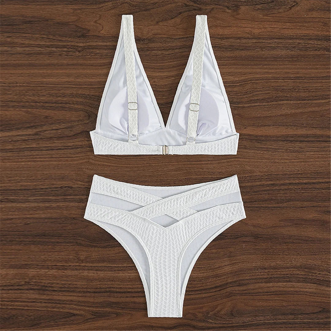Cheeky Wrinkled V Neck High Waist Bikini Set for Women, Solid Pattern in White, Wire Free Swimwear, Fits True To Size, Available in Sizes XS to L, Modern yet Retro-inspired Two-Piece Design
