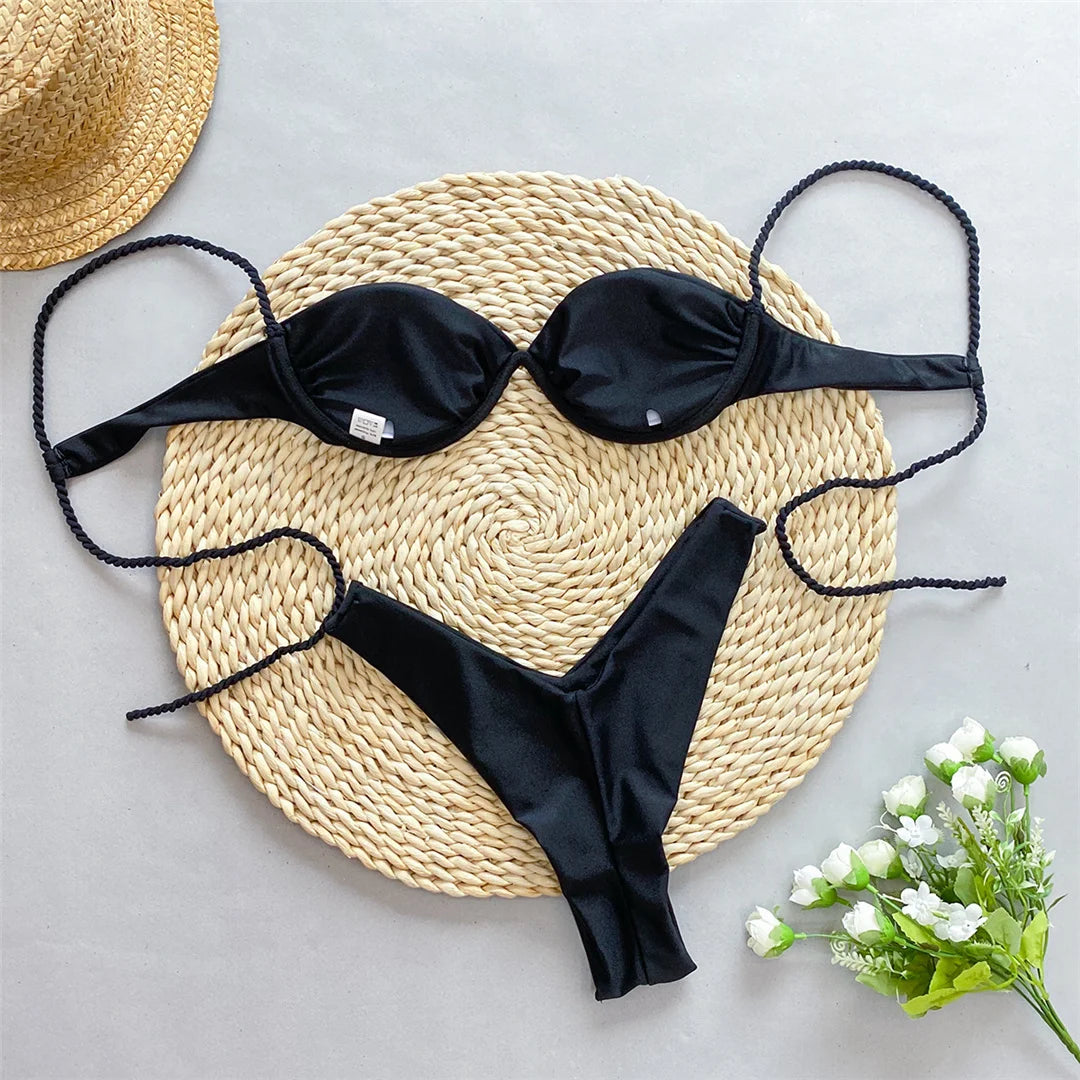 Sophisticated Two-Piece Bikini Set for Women, Features Unique Wrinkled Texture, Underwired with Support, Solid Pattern, Low Waist, True to Size Fit, Available in Sizes S, M, L, Colors Include Black, Hot Pink, White, In Stock with Free Shipping, New Condition, Ideal for Ages 18-35 and Adults.