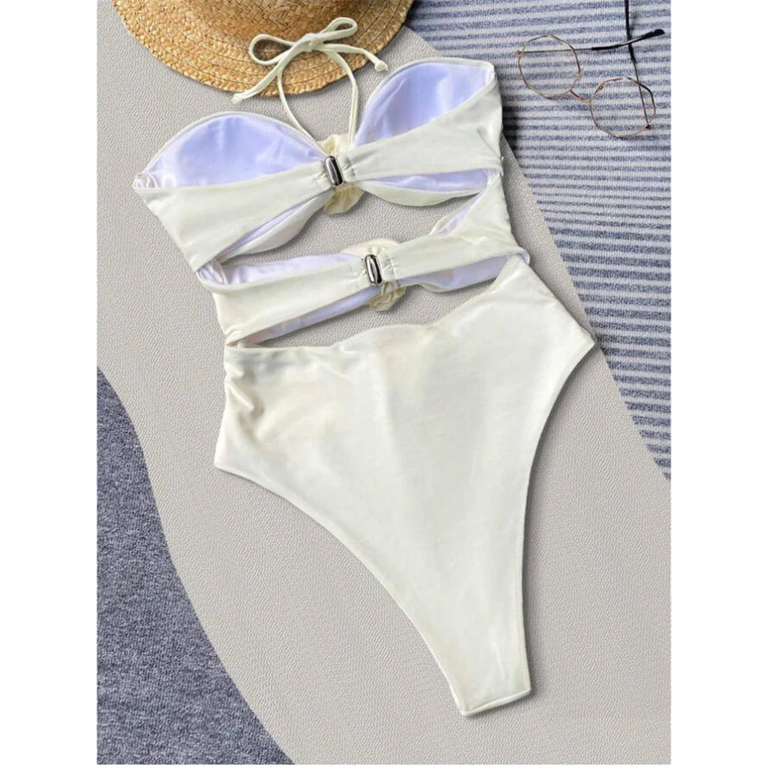 Exquisite 3D Flower One Piece Swimsuit, Featuring a Stylish Halter Neckline and High-Leg Cut. This Chic Swimsuit is Made from Durable Nylon and Spandex, Available in Women's Sizes S, M, L, XL and Fits True to Size. Offered in Striking Colors Black, White Flowers, White, Pink, and Multicolor. Ideal for Women Aged 18-35 and Adults, Currently In Stock, in New Condition, and Free Shipping Available.