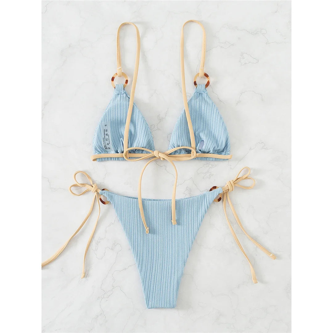 Stylish Ribbed Padded Brazilian Bikini Set, Two-Piece Design with a Flattering Fit, Crafted from Nylon and Spandex, Wire Free Support, Low Waist Style, Available in Women's Sizes S, M, L. Features Solid Pattern and Padded for Comfort, Fits True to Size, Offered in Multiple Colors Including Black, Blue, White, Yellow, Gray, Light Coffee, Light Blue, and Multicolor. Ideal for Women aged 18-35 and Adults, In Stock, New Condition, Free Shipping Available.