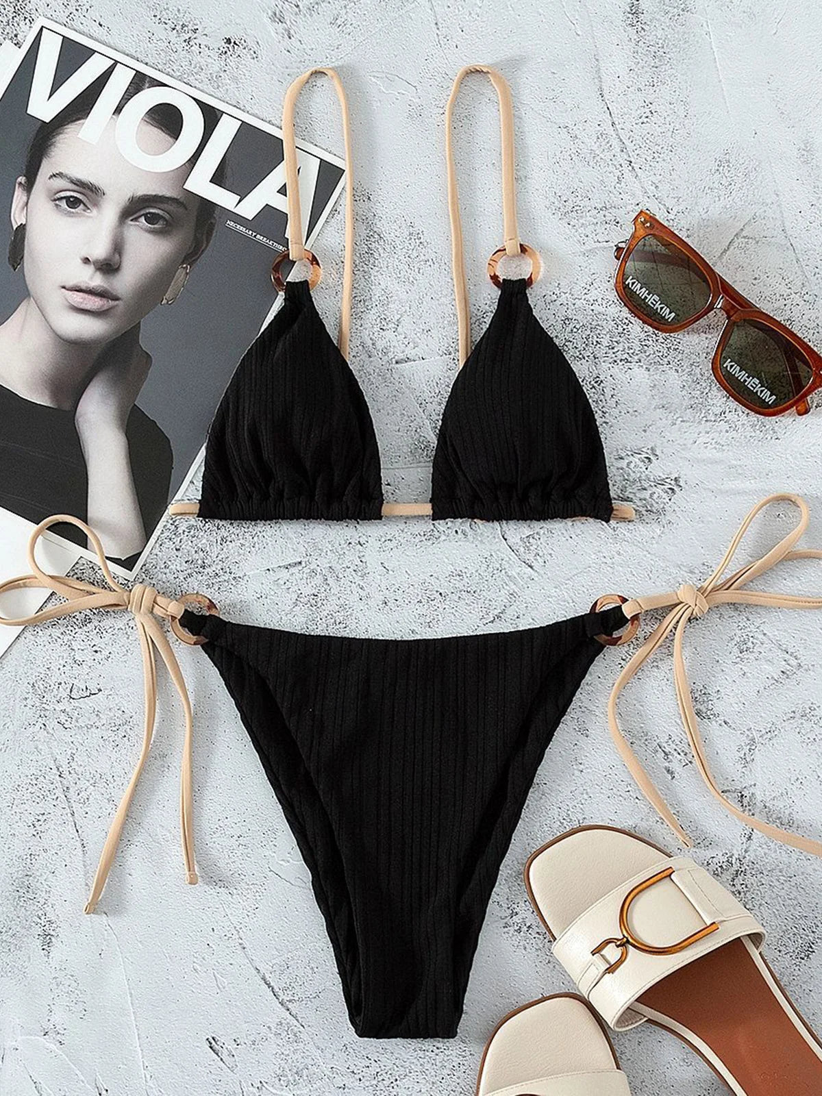 Stylish Ribbed Padded Brazilian Bikini Set, Two-Piece Design with a Flattering Fit, Crafted from Nylon and Spandex, Wire Free Support, Low Waist Style, Available in Women's Sizes S, M, L. Features Solid Pattern and Padded for Comfort, Fits True to Size, Offered in Multiple Colors Including Black, Blue, White, Yellow, Gray, Light Coffee, Light Blue, and Multicolor. Ideal for Women aged 18-35 and Adults, In Stock, New Condition, Free Shipping Available.