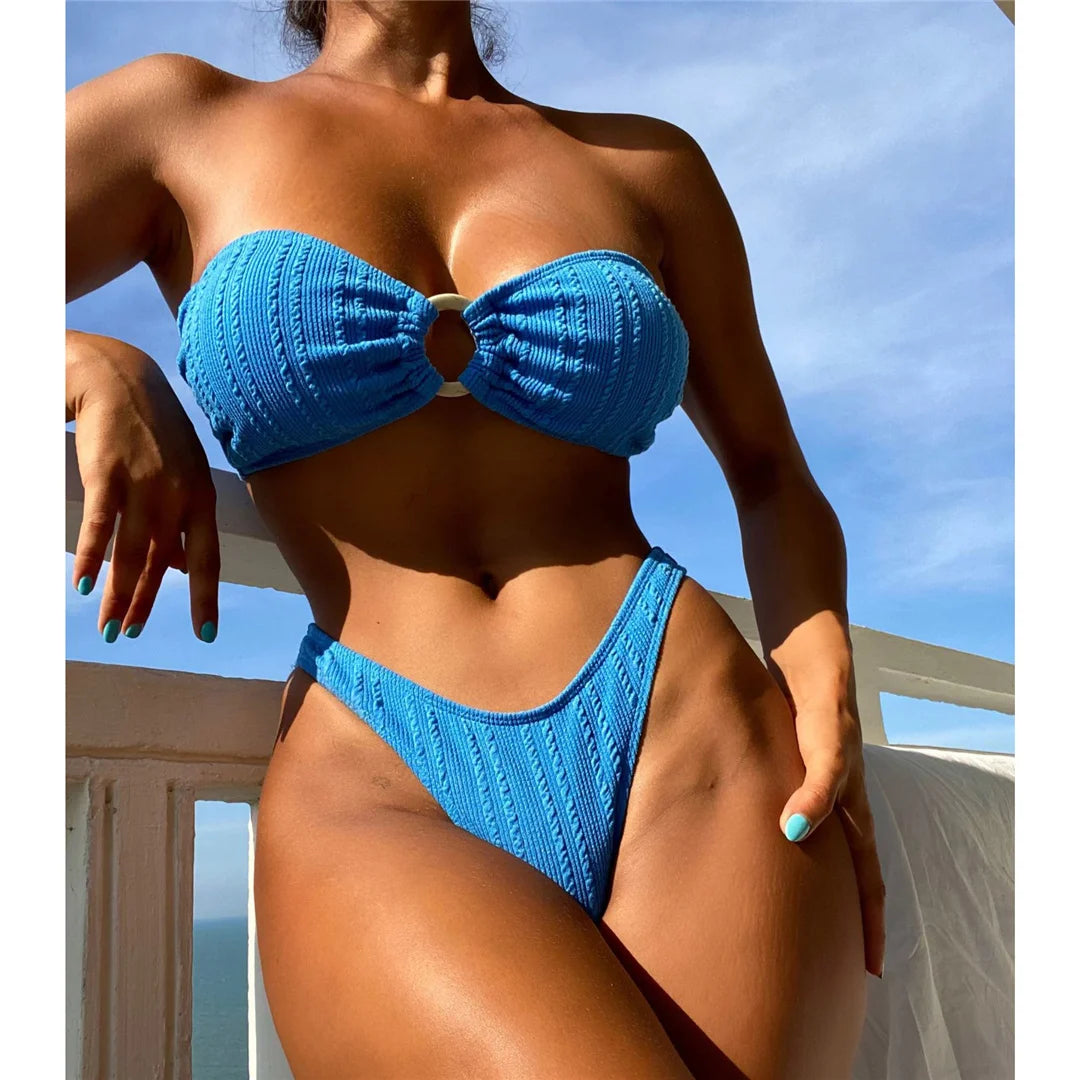 3 Colors Bandeau Wrinkled Brazilian Bikini Set in White, Blue, and Hot Pink, Made of Nylon and Spandex, Wire Free and Low Waist, Fits True to Size for Women aged 18-35 and Adults, Available in Stock with Free Shipping
