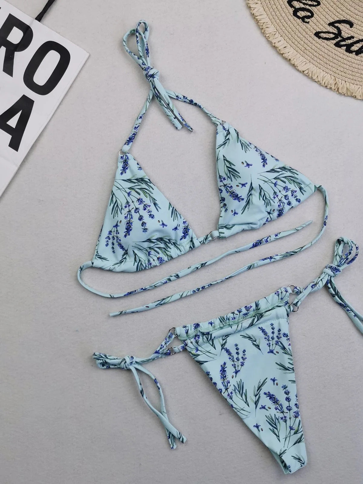 Two-Piece Polka Dot and Floral Bikini Set with a Halter Neck Design, Available in Sizes S through XL, Fashioned from Nylon and Spandex, Suitable for Women, Wire Free with Low Waist Design, Comes with Pad, Fits True to Size. Comes in Multiple Colors such as Yellow, Multicolor, Wheat, Pink, Watermelon Red, Red, Black, Blue, Coffee, Green, Orange, Purple, and in Different Patterns like Flowers, Dots, Plaid, Diamond, and Printed Design.