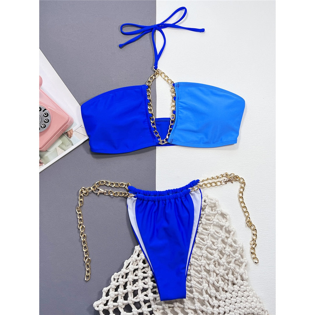 Blue Sexy Halter Metal Rings High Leg Cut Bikini Women Swimwear Female Swimsuit Two-pieces Bikini set Bather Bathing Suit Swim