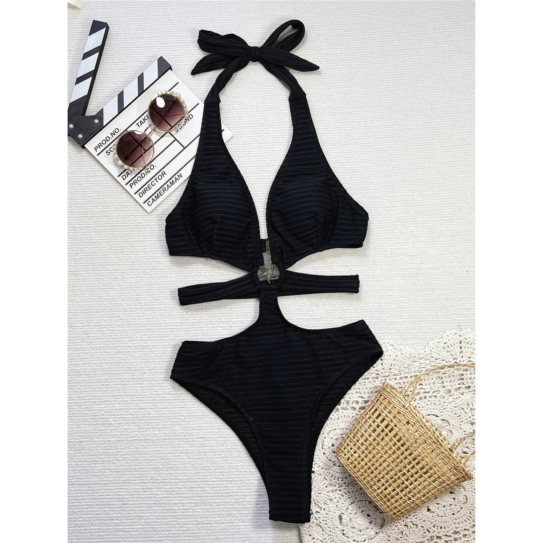 V Neck Cut-Out Halter Ribbed Monokini - Elegant Swimwear