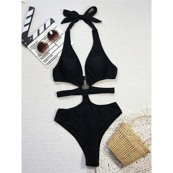 V Neck Cut-Out Halter Ribbed Monokini - Elegant Swimwear