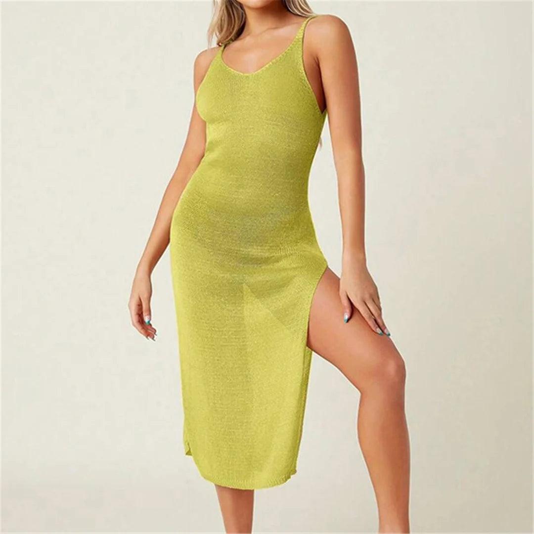 Stunning Backless High Split Tunic Beach Cover-Up in White and Green, Crochet Knitted from Nylon, Polyester, and Cotton, Captivating Beach Dress for the Fashion-Conscious Sunseeker, Fits True to Size, Available in Sizes S to L for Females