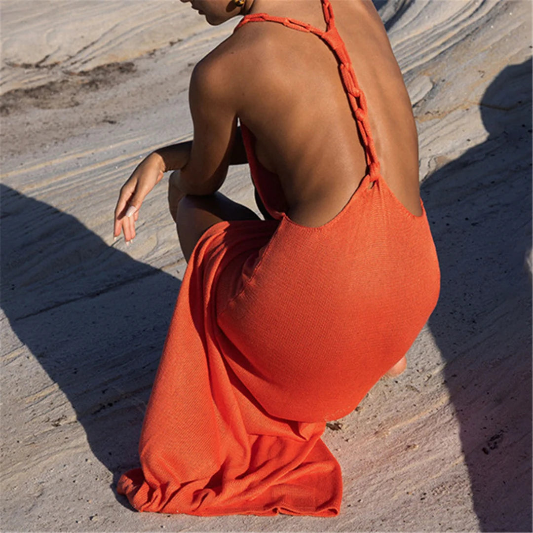 V-Neck Backless Crochet Tunic with High Split Design, Sophisticated and Playful Beach Cover-Up for Women, Knitted Texture, Comfortable Yet Chic, Nylon, Polyester, Cotton Material, Solid Orange Red Color, Fits True to Size, Available Sizes: S to XL