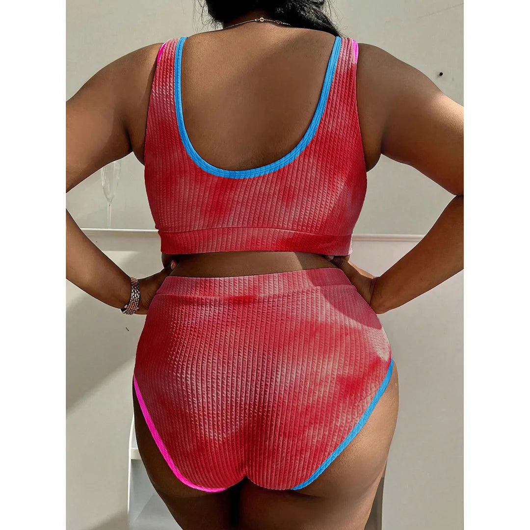 Tie Dye Bikini, Two Piece, Large Size, Women&#39;s Swimwear, Vibrant Colors, Polyester, Spandex, Wire Free, High Waist, Comfortable Fit, Fashionable Swim Set, Beach Attire, Green, Orange, Pink, Sky Blue, Black, Yellow.