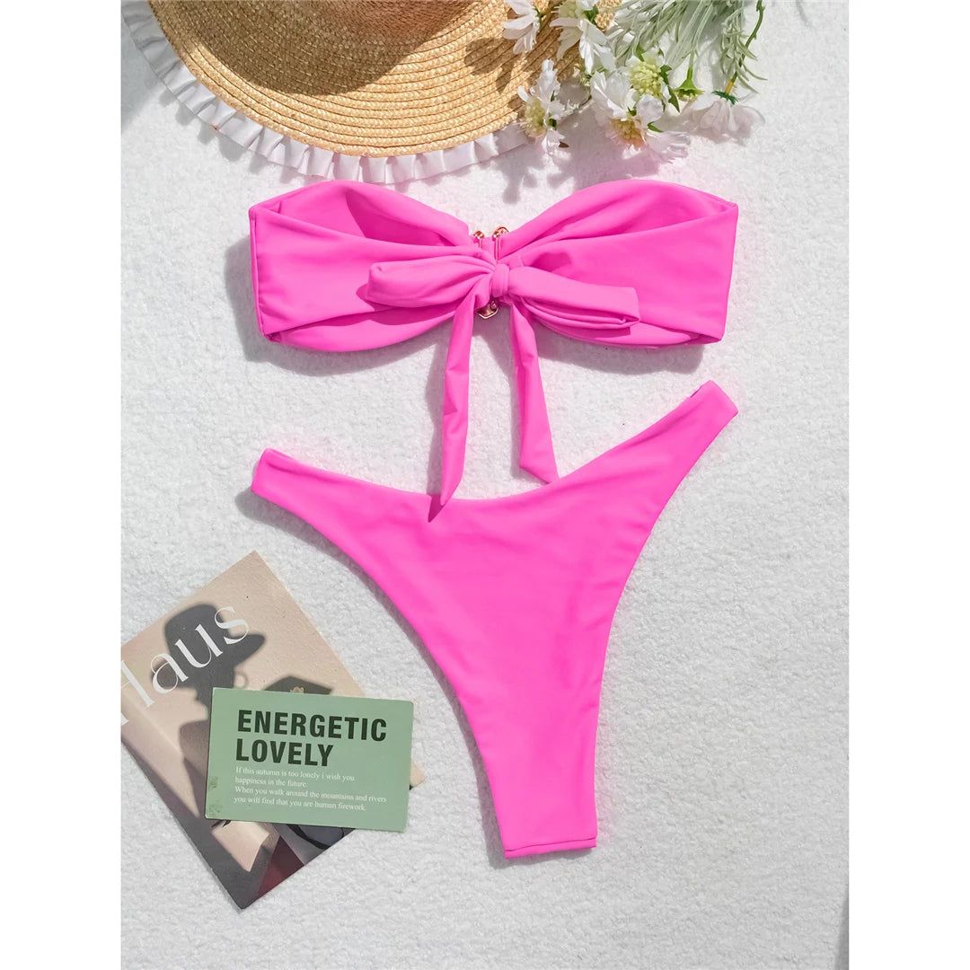 Metal flower bandeau Brazilian bikini set with floral embellishments for a sophisticated beach look for women.