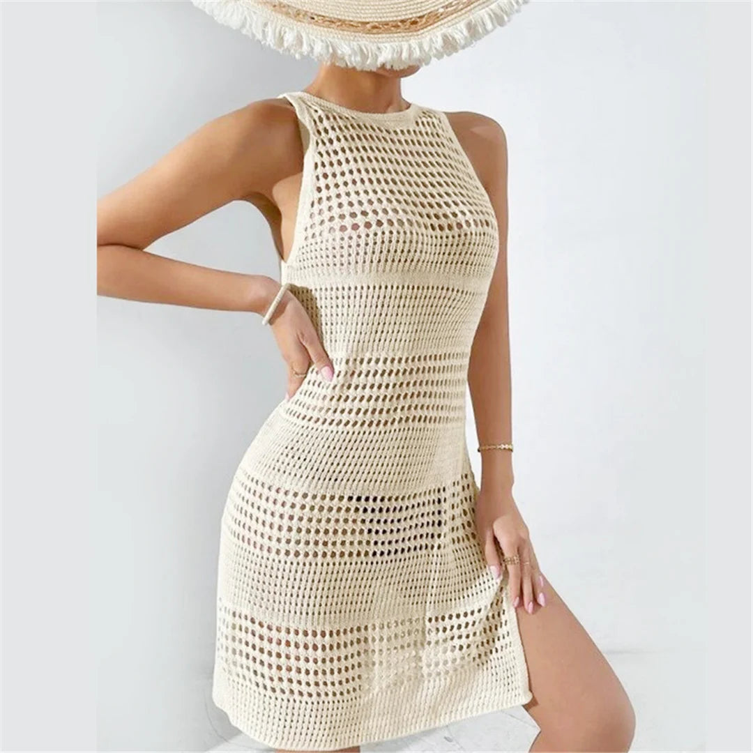 Effortless Charm Hollow Out Backless Crochet-Knitted Tunic in Beige, Perfect Beach Cover-Up and Dress, Made from Nylon, Polyester, and Cotton, Offers Sophistication and Laid-Back Style, Fits True to Size, Available in Sizes S to L for Females