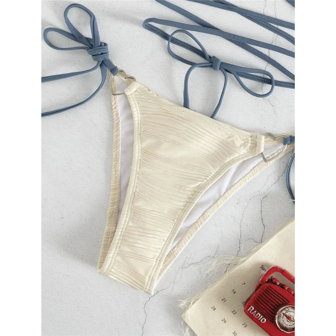 Stylish Wrap Around Halter Wrinkled Bikini Set for Women, Made from Nylon and Spandex, Wire Free Support, Solid Pattern, True To Size, Two Piece Design, Available in Sizes S, M, and L, Contemporary Textured Feel, Perfect for Beach Activities and Poolside Lounging, Available in Colors Black, White, Orange Red, Multicolor, Pink, Light Yellow, and Light Green