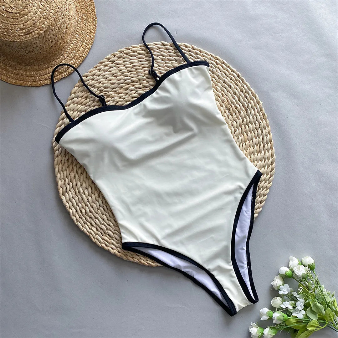 Splicing High Leg Cut One Piece Swimsuit in Beige and Black, Made of Nylon and Spandex, Designed for Women aged 18-35 and Adults, Fits True to Size, Available in Stock with Free Shipping