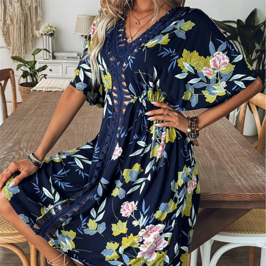 Flowers Printed Half Sleeve Crochet Tunic, a beach cover-up ideal for women aged 18-35. Composed of Nylon, Polyester, and Cotton, this one-size fits S, M, and L tunic blends the charm of crochet knit with a lovely floral print for a breezy, feminine look. Currently in stock with free shipping options available.