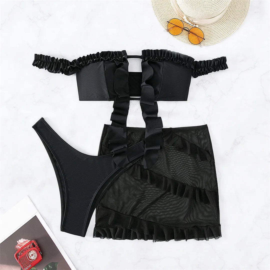 Three Piece Off-Shoulder Ruffled Frilled Bikini Set with Coordinating Skirt. Solid Black, Designed with Nylon and Spandex. Wire-Free Support, Low Waist, True to Size. Perfect for Women in Middle Age. Available in S, M, L. Brand New and in Stock.