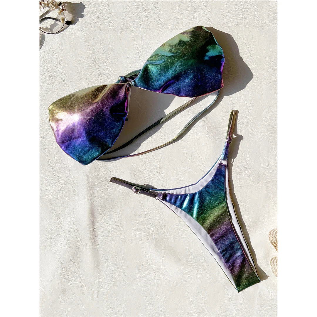 Bandeau Gradient Mini Bikini Set with Thong, Two Piece Made from Nylon and Spandex, Available in Sizes S to XL, Fits True to Size for Women aged 18-35 and Adults, Comes in Shiny Purple Gradient, In Stock with Free Shipping