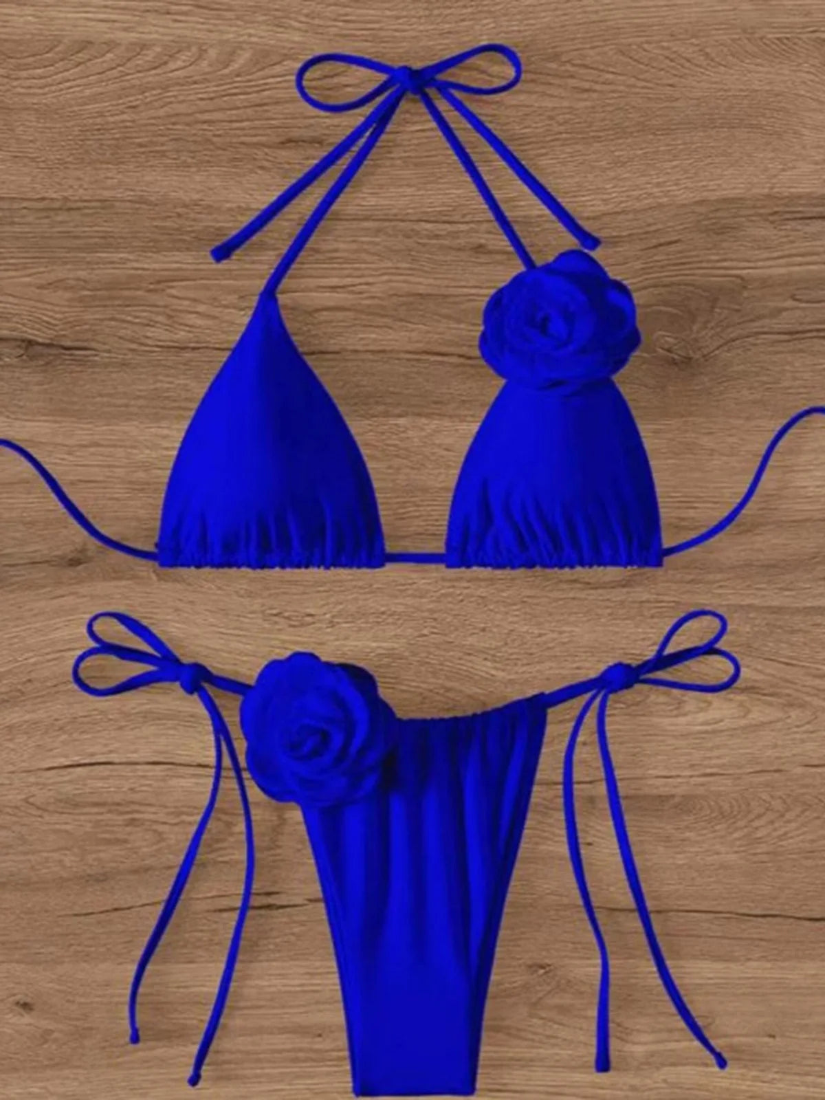3D Flowers Halter Bikini Set in Blue, Black, Beige, and Red, Two Piece Swimwear Made From Nylon and Spandex, Available in Sizes S to XL, Fits True to Size, Features Wire Free Support, Low Waist, and Includes Pad, Perfect for Women aged 18-35 and Adults, In Stock with Free Shipping