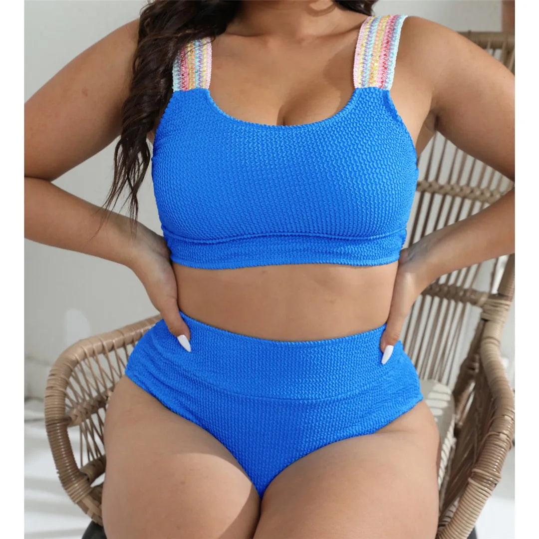 Plus Size Wrinkled Bikini Set for Women, High Waisted and High Stretch Swimwear with Patchwork Design, Wire Free and Comfortable Fit in Royal Blue and Multicolor, Perfect for Summer Beach and Pool Parties