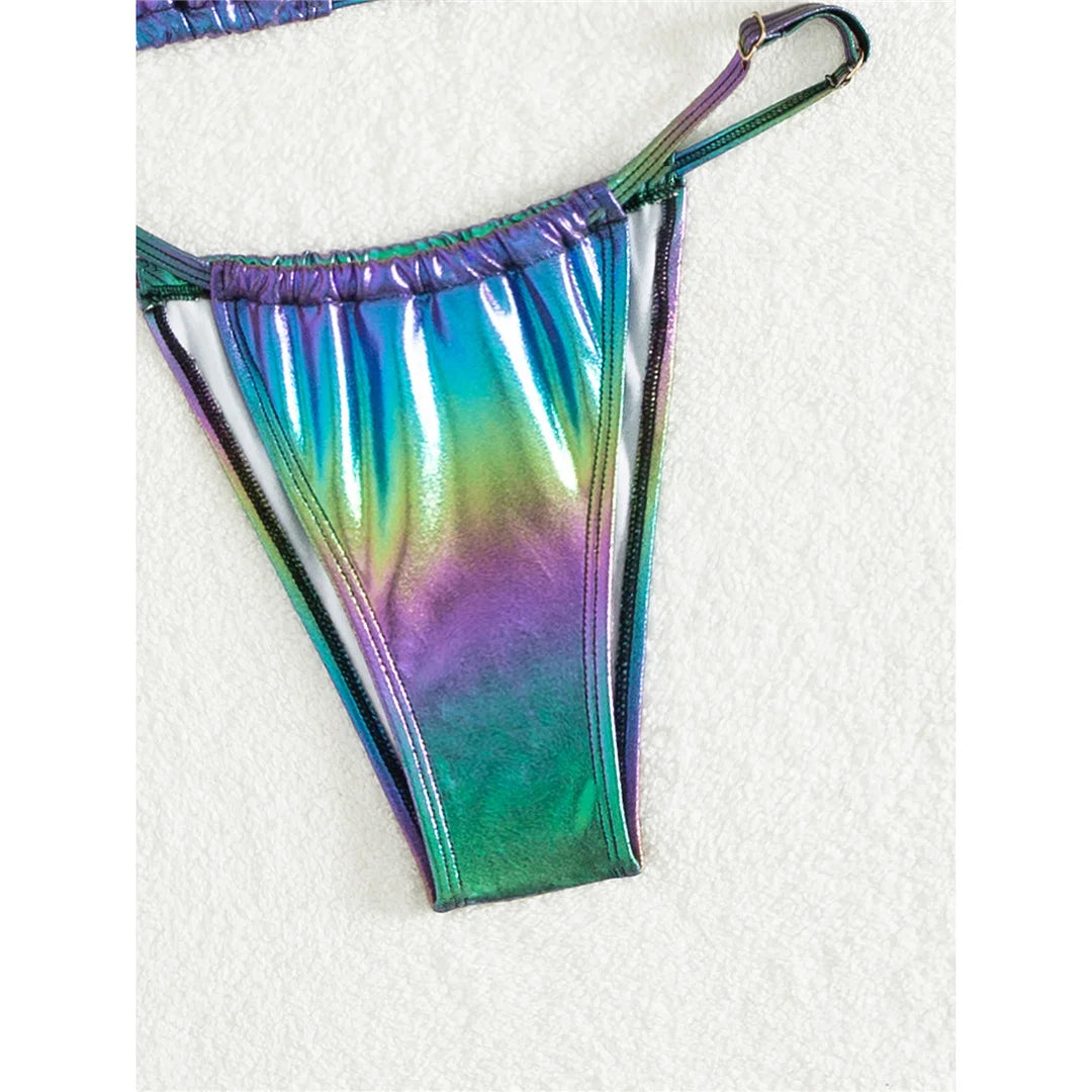 Unique Faux Leather Halter Bikini Set for Women, Features a Sleek and Edgy Design with a High Leg Cut, Crafted from Nylon and Spandex in Solid Green, Offers Wire Free Support and Fits True to Size, Perfect for Fashion-Forward Beachgoers looking for a Cutting-Edge look.