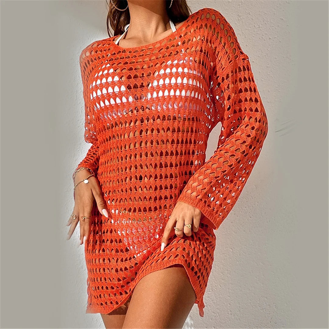 Long Sleeve Hollow Out Crochet Beach Cover Up Tunic in Multiple Colors, Made of Nylon, Polyester, Cotton, Fits True to Size for Women aged 18-35 and Adults, Available in Stock with Free Shipping
