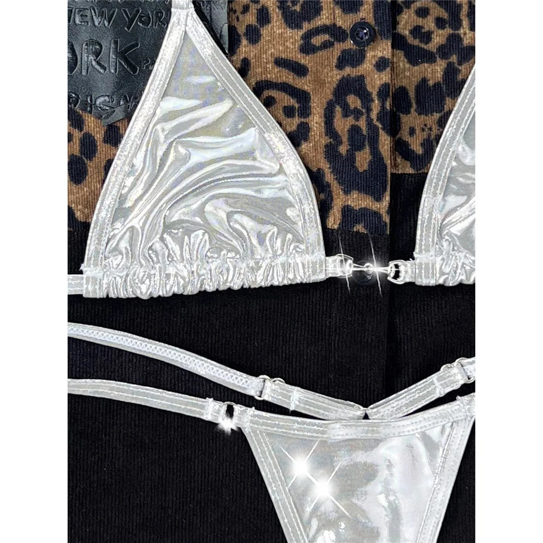 Sleek PU faux leather mini bikini set in silver. A daring two-piece swimwear with a unique texture and sheen, featuring wire-free support and low waist design. True to size, perfect for fashion-forward women.