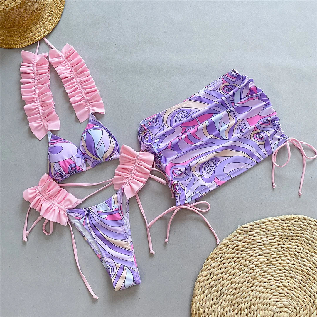 Playful Skirt Print Ruffled Frilled Bikini Set featuring Favourite Three Piece Ensemble, Comfortable Nylon and Spandex Material, Wire Free Support for Women, True to Size Fit, Available in sizes S, M, L, In Stock with Free Shipping, Ideal Beachwear for Adults aged 18-35, Offered in Blue and Purple