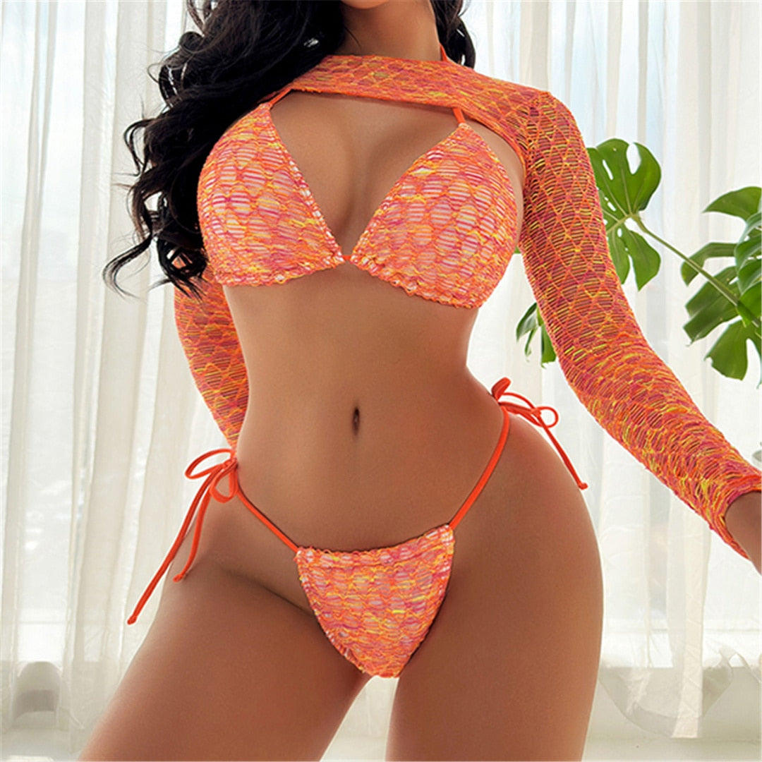 Orange New Halter Long Sleeve High Leg Cut Bikini Women Swimwear Female Swimsuit Three-pieces Bikini set Bather Bathing Suit Swim