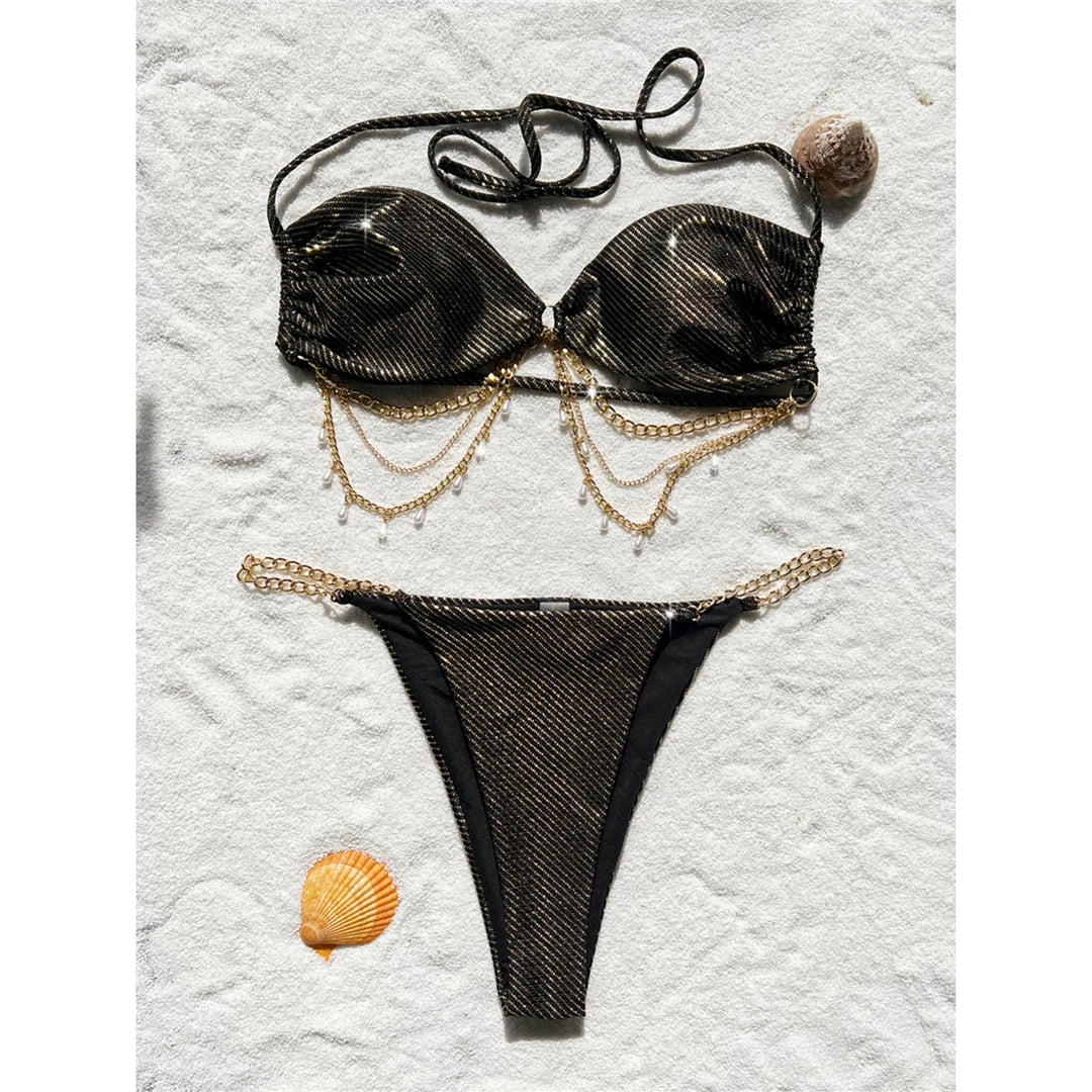 Metal Chains Halter High Leg Cut Bikini Set in White, Black and Gold, Coffee, Wine Red, Two Piece, Made from Nylon and Spandex, Solid Pattern, Wire Free, Low Waist, True to Size, Available Sizes S, M, L, Ideal for Women, In Stock, FreeShipping, Perfect for Adults Aged 18-35