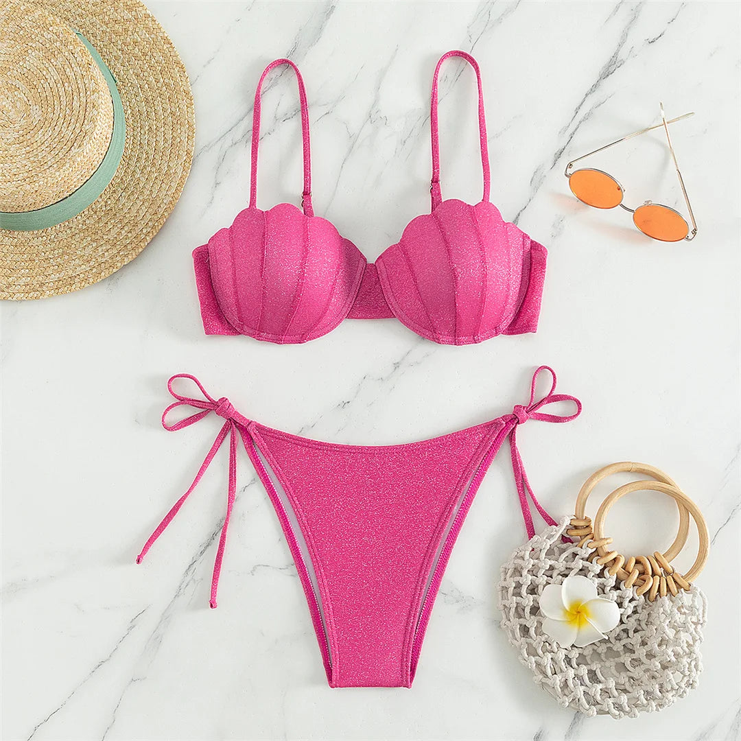 Glitter-Sparkling Underwired Bra Bikini Set - Nylon, Spandex, Solid Pattern, Low Waist, Women's Swimwear, True to Size Fit, With Pad, Two-Piece Bikinis Set, Pink Color