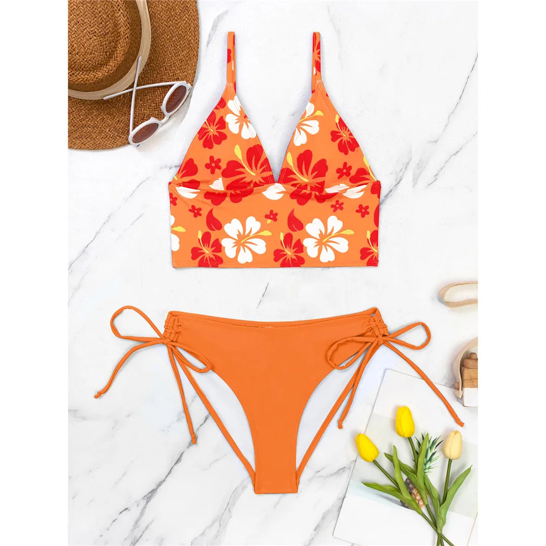 Feminine Flower Printed Bikini Set for Women, Features a Flattering V Neck Cut, Made from Nylon and Spandex, Wire Free for Comfort, True to Size, Two-piece Design, Available in Sizes S, M, L, and XL, Romantic Floral Design Ideal for Sunny Beach Days or Tropical Getaways, Available in Colors Black, Blue, Orange, and Hot Pink