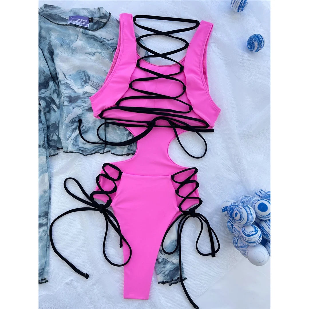 Cut-out lace-up strappy one-piece swimsuit, high leg backless design, racerback style, polyester spandex blend, monochrome solid pattern, adjustable straps, women&#39;s swimwear.