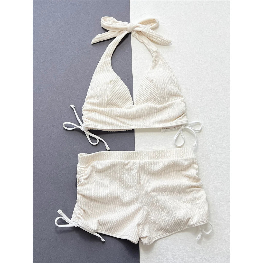 Chic Halter Neck Bikini Set with High Waist Shorts, Fashion Forward Two-Piece Swimwear in Beige, Made of Nylon and Spandex, Wire Free Support and Padded, Ideal for Women, Available in Sizes S to L