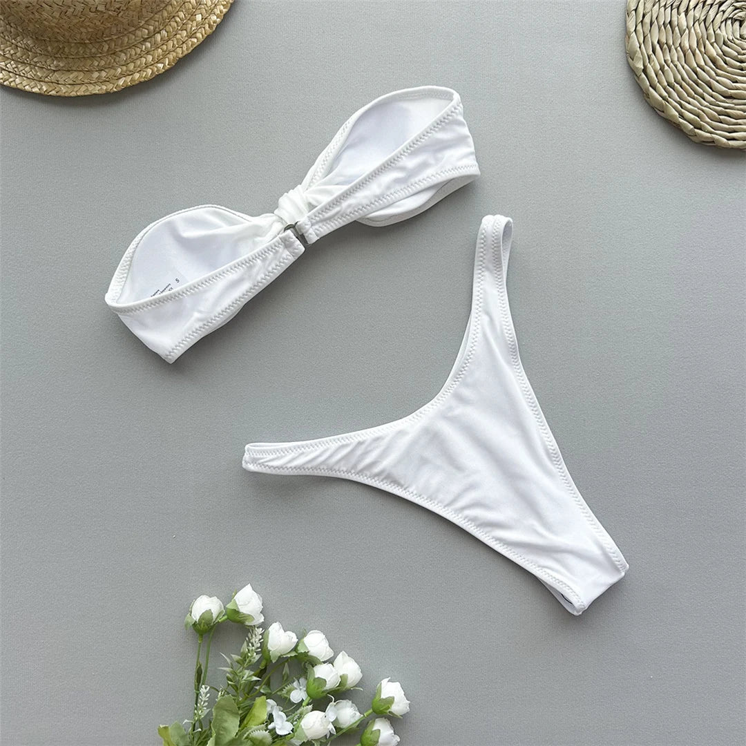 Bandeau Knotted Brazilian Bikini, Two Piece Swimsuit, High Cut Design, Polyester, Spandex, Solid Color, Wire Free, Low Waist, Women's Swimwear, Chic Stylish Look, Shiny Brown, Brown, Shiny Black, Black, Shiny White, White, Multicolor.