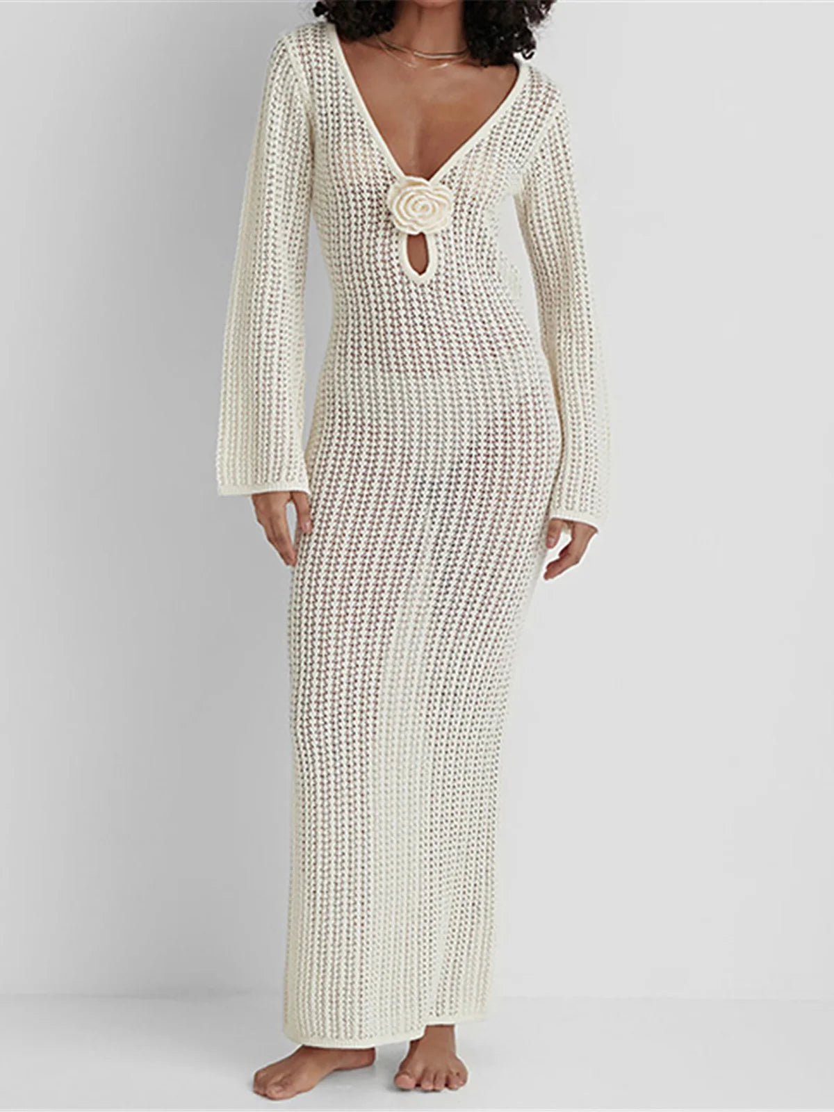 3D flower long sleeve crochet tunic, V-neck design, polyester solid pattern, women's beach cover-up, elegant and lightweight beachwear.