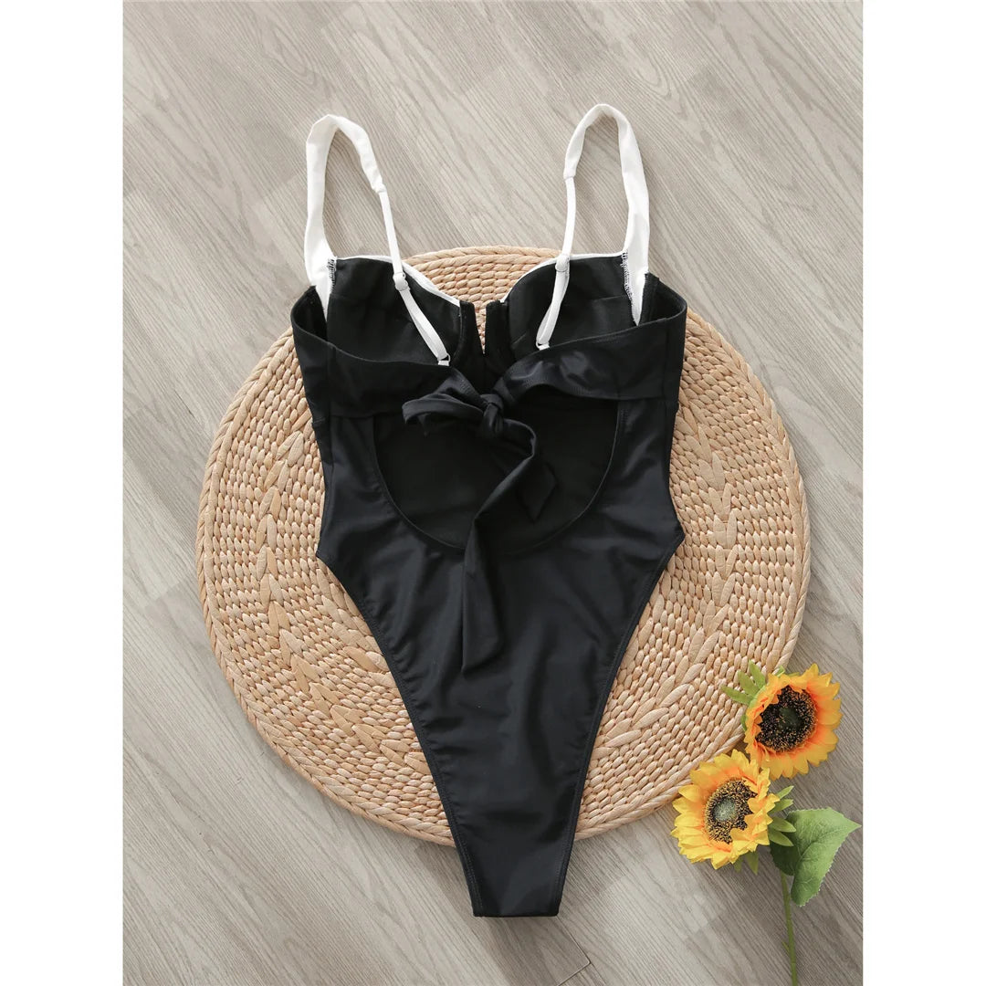 Splicing design high-leg cut one-piece swimsuit with underwired and padded support in vibrant colors for women.