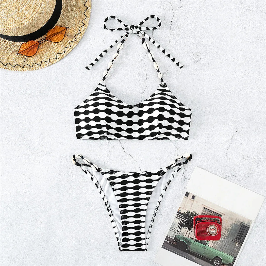 Sleek Halter High Leg Cut Brazilian Bikini Set in Black, White and Multicolor, Made of Nylon and Spandex, Wire Free Support, Low Waist Design, Fits True to Size, Available in Sizes XS, S, M, L, In Stock with Free Shipping, Ideal for Women Aged 18-35 and Adult Females