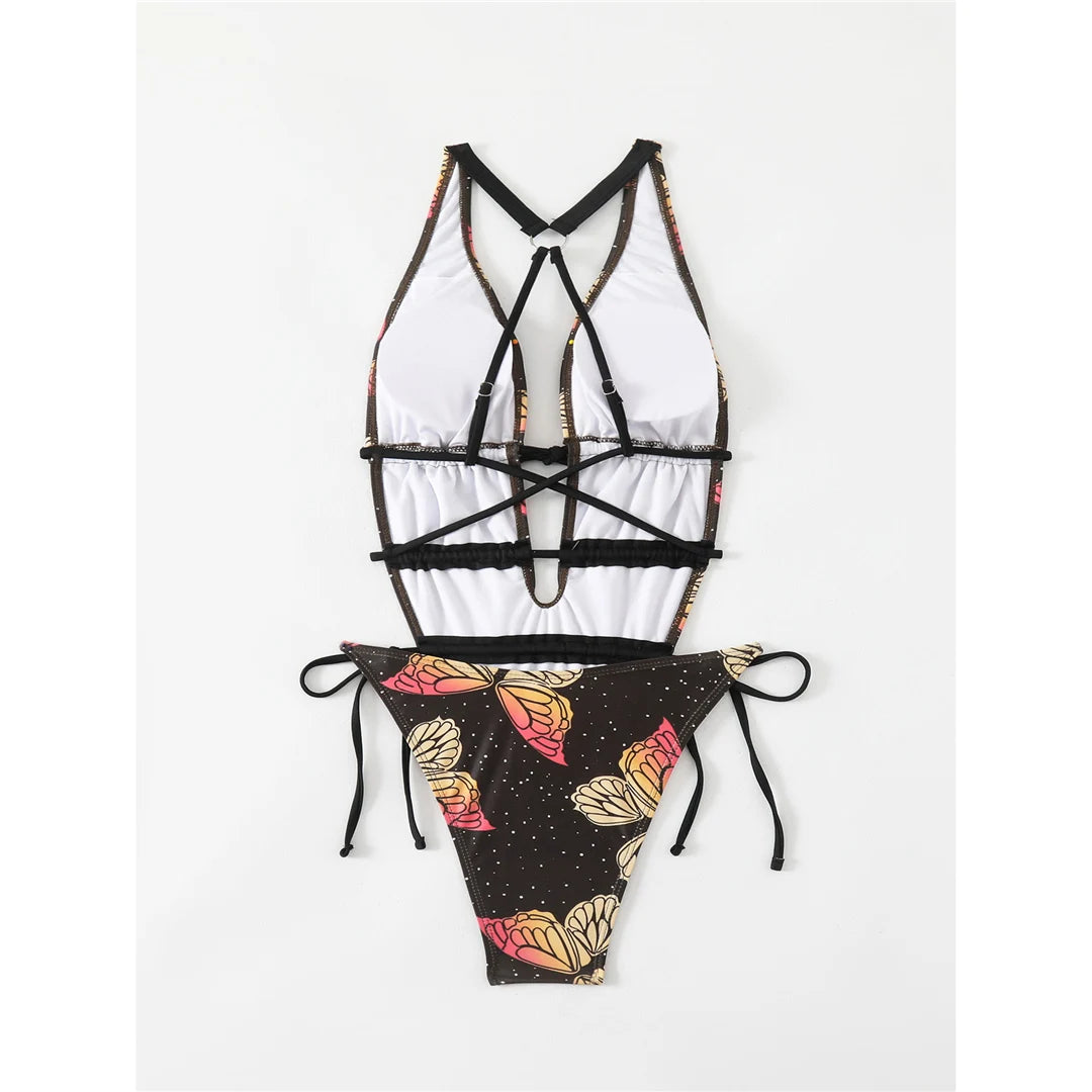 Butterfly printed deep V neck backless one piece swimsuit with high cut silhouette and adjustable straps for women.