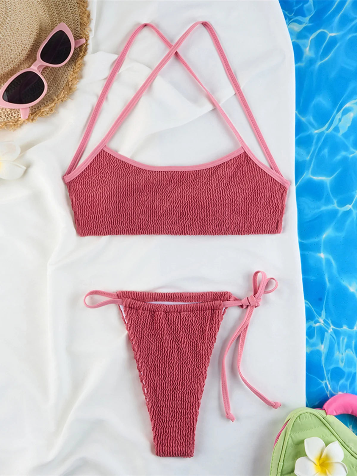 Bikini set with stylish crinkled texture, high cut, cross back, nylon, spandex, solid, wire free, low waist, women, two piece in black, blue, green, white, dark pink, multicolor.