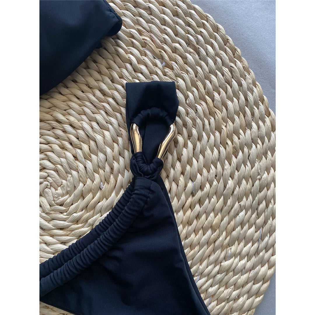 Captivating Bandeau Bikini Set for Women, Features High-Leg Cut and Chic Metal Rings, Two-Piece Swimsuit, Fits True to Size, Available in Sizes S to XL, Material: Nylon and Spandex, Solid Pattern, Low Waist, Wire Free, Modern and Sleek Black Design, Perfect for a Bold Statement Look, Includes Padding