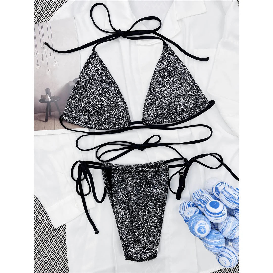 Sparkling Mini Bikini Set for a Glamorous Beach Day, Glittery Fabric, Wrap-Around Top for Customizable Fit, Playful and Chic Two-Piece Design, Material Nylon, Spandex, Solid Pattern, Wire Free, Low Waist, Fits True to Size, Available in Silver Black, Silver, Black, Multicolor, Purple, Hot Pink