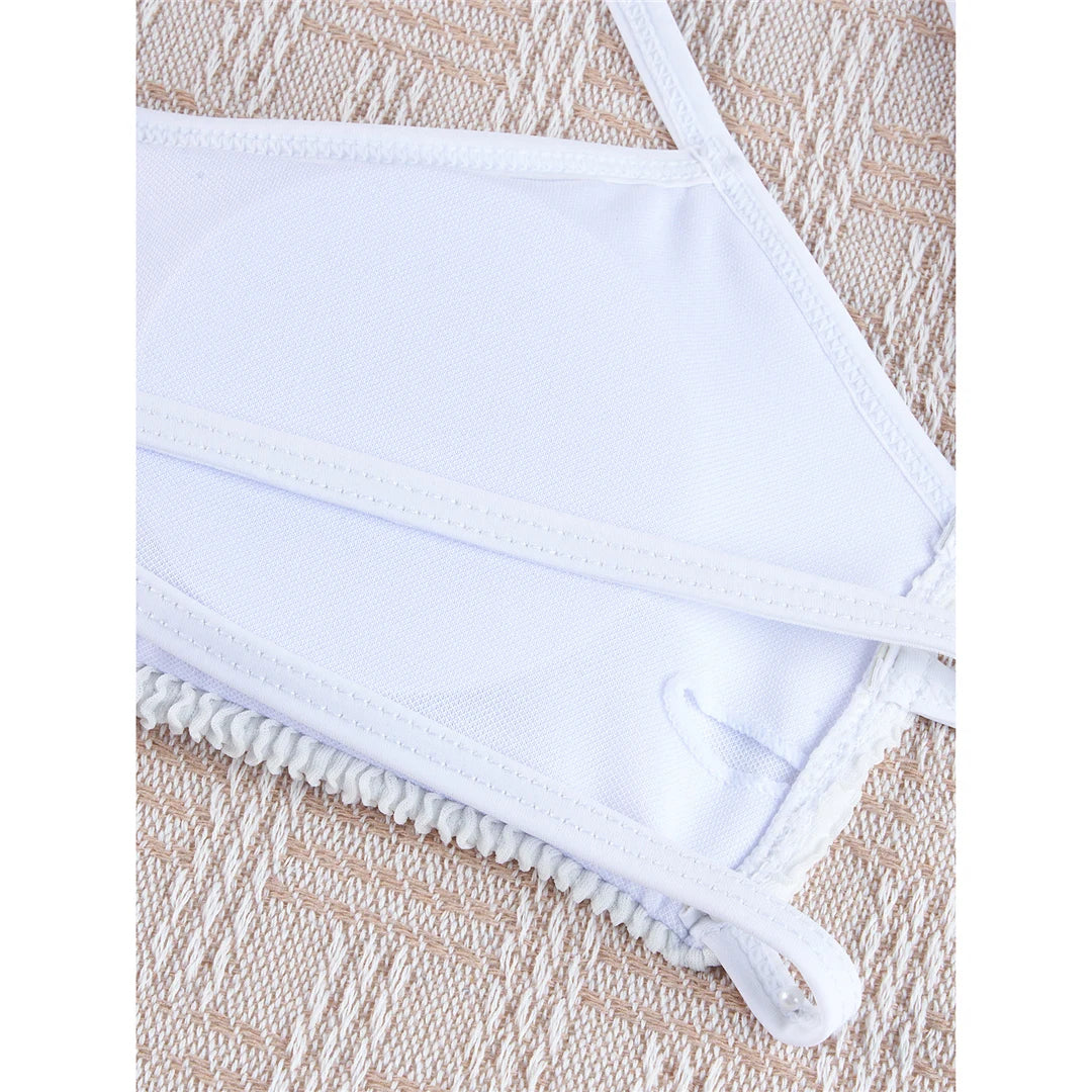 Bikini set with stylish crinkled texture, high cut, cross back, nylon, spandex, solid, wire free, low waist, women, two piece in black, blue, green, white, dark pink, multicolor.