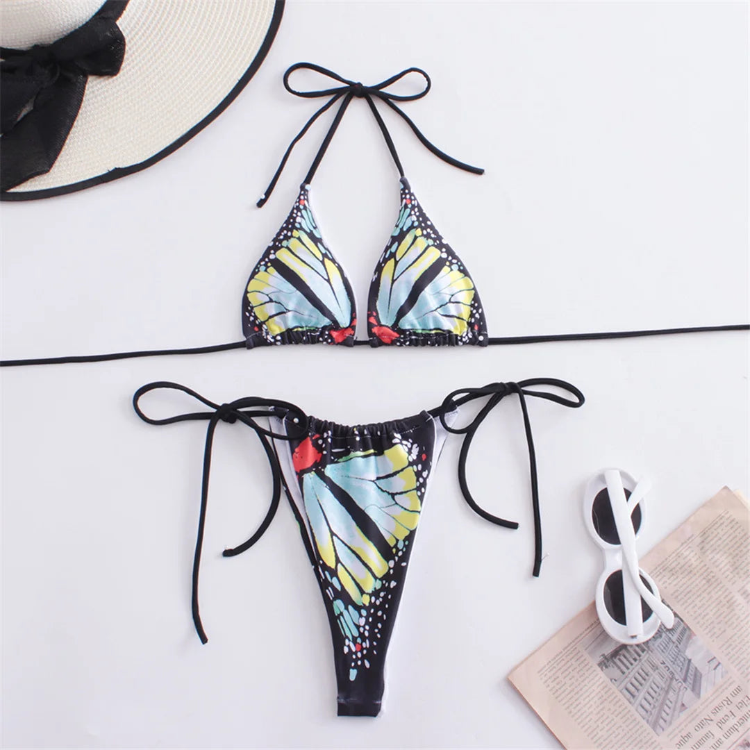 Summer Butterfly Printed Halter Bikini Set in Multiple Colors, Comfortable Two-Piece Swimwear for Women, Fits True to Size, Bikini Designed with Nylon and Spandex for All Day Comfort, Wire Free Low Waist Bikini Set, Ideal for Beach Adventures, Available in Small, Medium, Large Sizes, Offered in Colors Blue, Green, Pink, Red with Butterfly Print, New and In Stock with Free Shipping